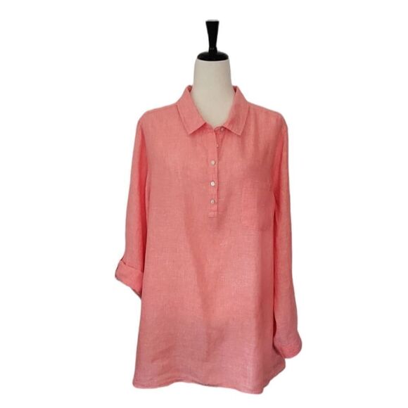 Jones & Co Jones New York Coral Half Button Down Roll Tab Sleeve Linen Tunic Top - Picture 1 of 6